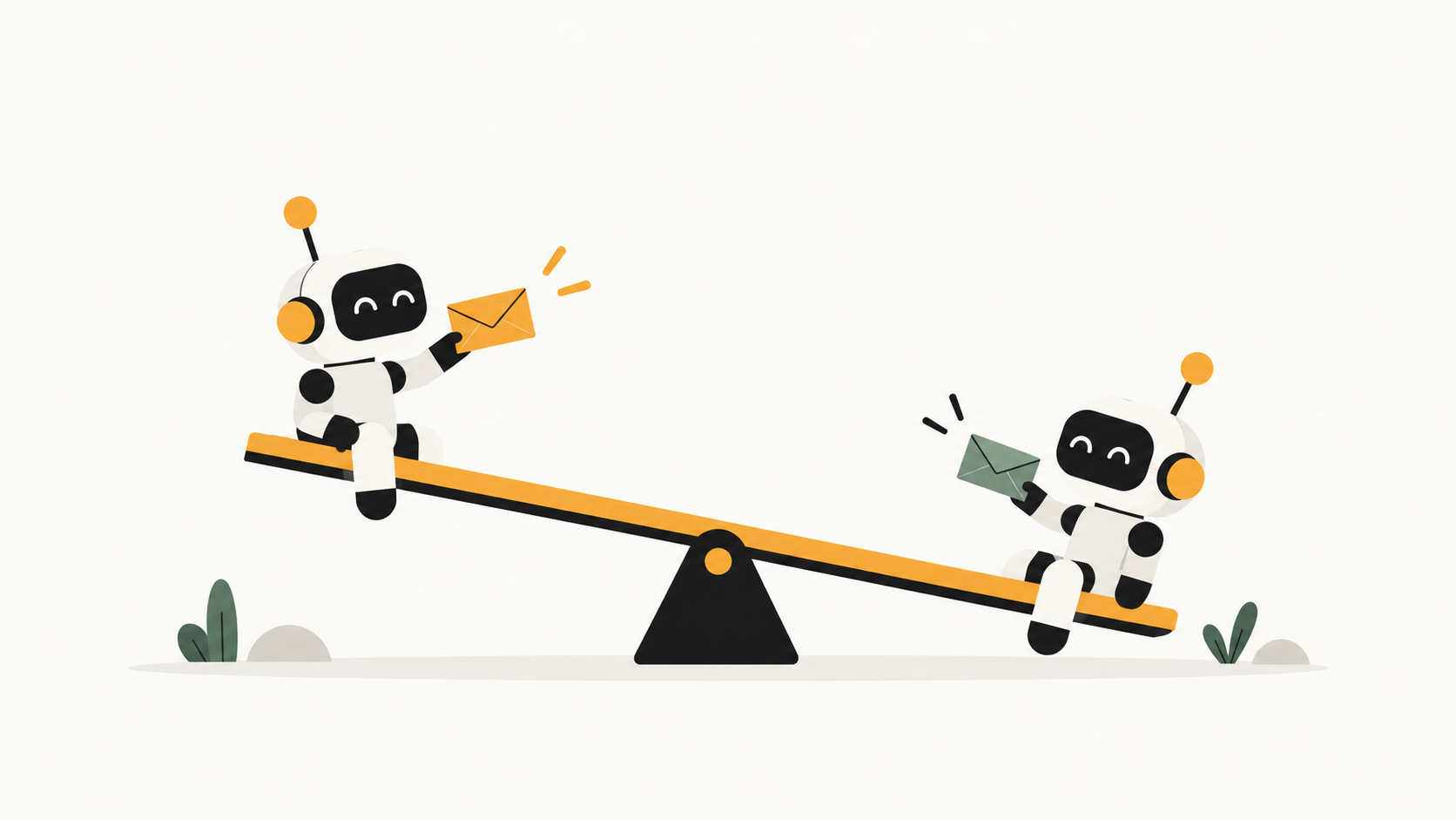 Two friendly AI agents exchanging email on a seesaw
